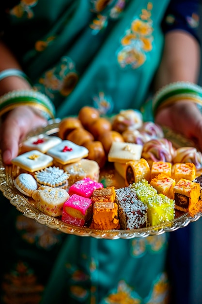 Indische Süßigkeiten in den Händen Selektiver Fokus