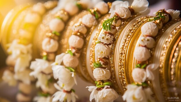 Indische traditionelle Hochzeitsschmuckarmbänder mit Huldi kumkum und weißen Blumen selektiven Fokus