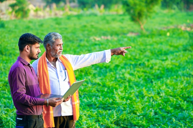 Indischer agronom mit landwirt am feld