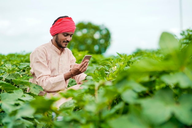 Indischer Bauer, der Smartphone am Landwirtschaftsfeld verwendet.