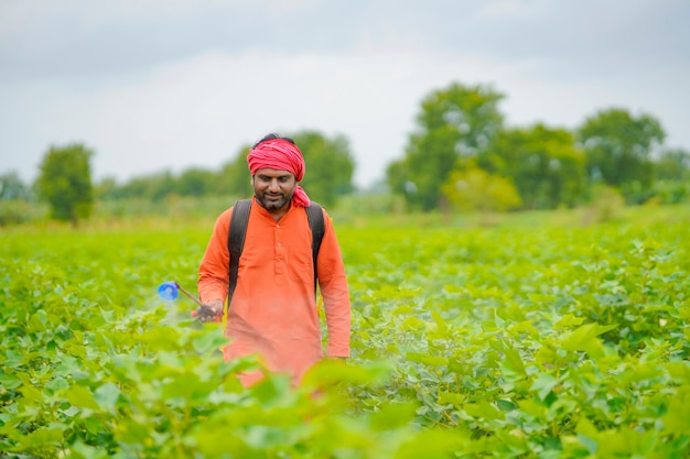 Indischer Bauer sprüht Pestizide auf Baumwollfeld.