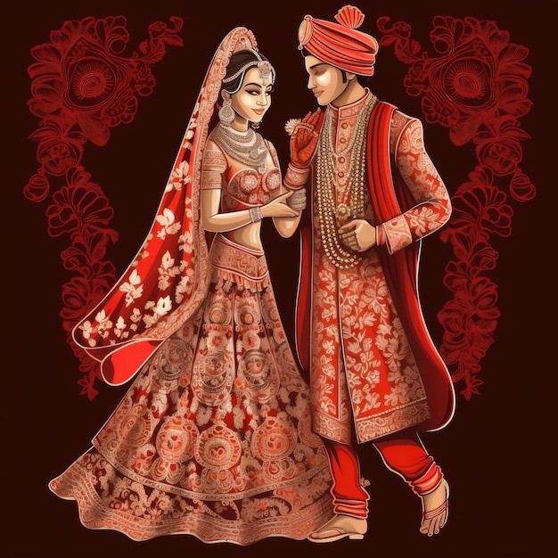 Indischer Bräutigam und Braut im roten traditionellen Hochzeitskleid