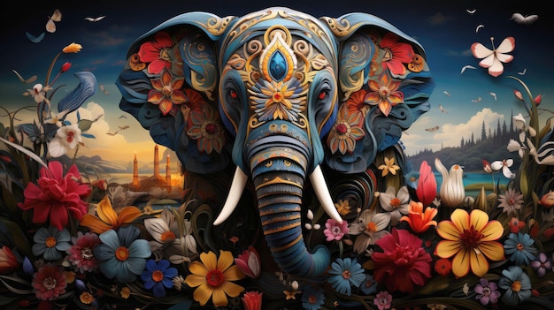 Indischer Elefant mit Blumenmuster. Abstrakter Kunstdruck. Elefant, zusammengestellt aus verschiedenen Elementen eines Blumenmusters, umgeben von romantischen Blumendekorationen