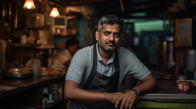 Indischer Geschäftsinhaber sitzt in seinem Café