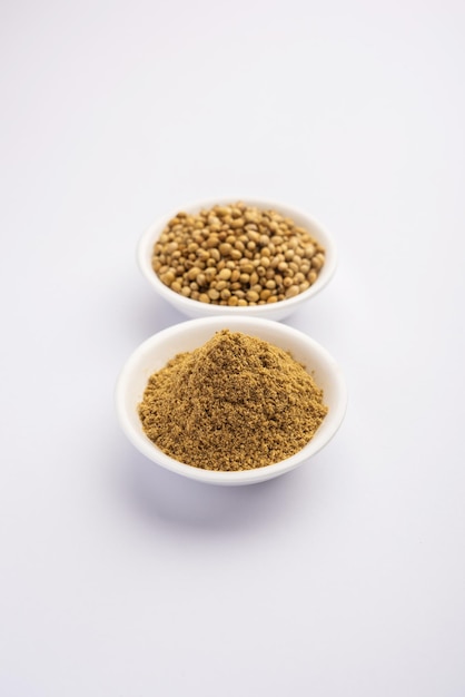 Indischer Gewürzhaufen Korianderpulver oder Dhaniya-Pulver oder chinesische Petersilie getrocknete Samen, selektiver Fokus