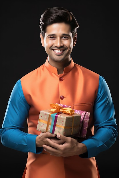 Indischer junger Mann mit Geschenkboxen vor einfarbigem Hintergrund