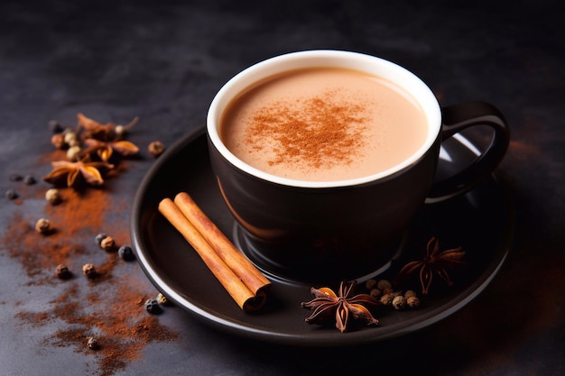 Indischer Masala-Chai-Tee Masala- Chai-Gewürztee mit Milch und Gewürzen auf dunklem, rostigen Hintergrund