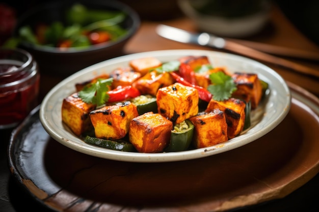 Indischer Paneer tikka oder Hüttekäse, gegrillt und mit Chutney serviert