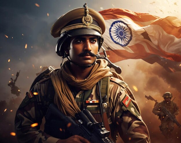 Foto indischer soldat auf dem schlachtfeld glückliche republik bharat