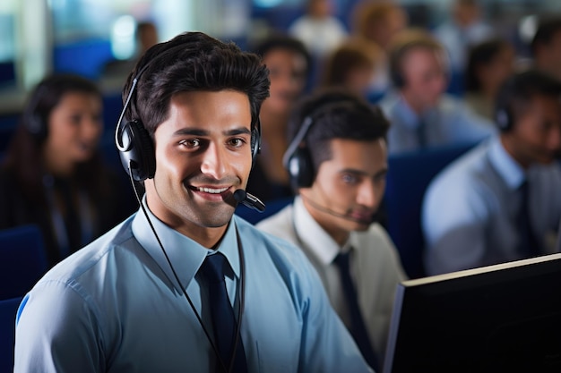 Indisches Callcenter Glücklicher männlicher Kundenvertreter kommuniziert mit dem Kunden über das Mikrofon