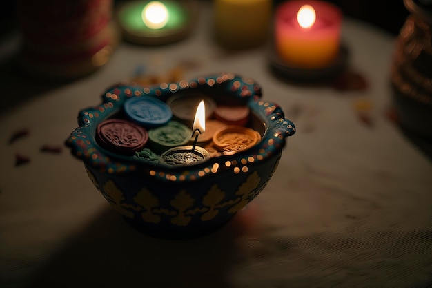 indisches diwali-fest, brennende lampe und kerzen auf dem tisch