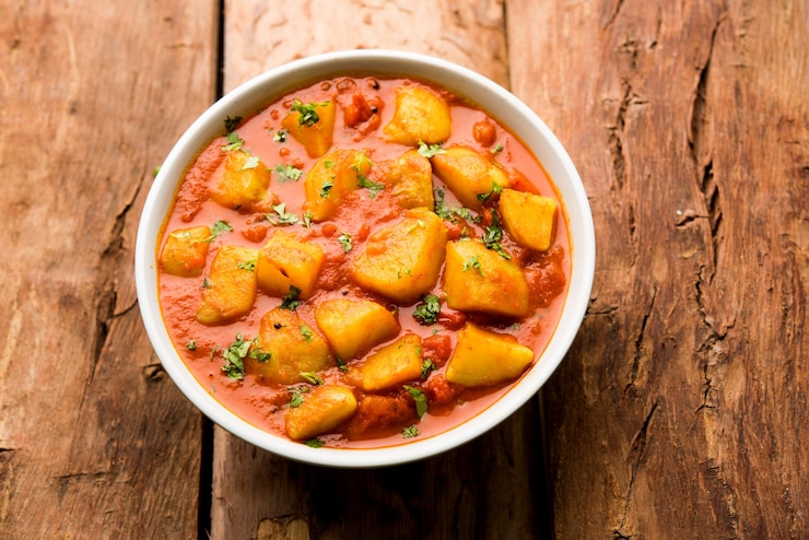 Foto indisches essen - aloo curry masala. kartoffel gekocht mit gewürzen und kräutern in einem tomatencurry. serviert in einer schüssel über stimmungsvollem hintergrund. selektiver fokus
