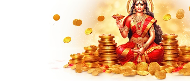 Indisches Fest Dhanteras und Diwali verehren Hintergrund mit der Göttin Lakshmi Laxmi mit goldenen Münzen Stockillustration