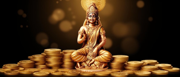 Indisches Fest Dhanteras und Diwali verehren Hintergrund mit der Göttin Lakshmi Laxmi mit goldenen Münzen Stockillustration