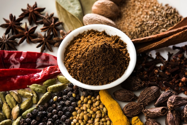 Indisches Garam-Masala-Pulver in Schüssel und seine Zutaten bunte Gewürze. Serviert über stimmungsvollem Hintergrund. selektiver Fokus