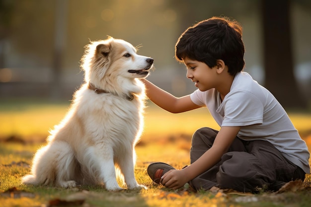 Indisches Kind spielt mit Hund