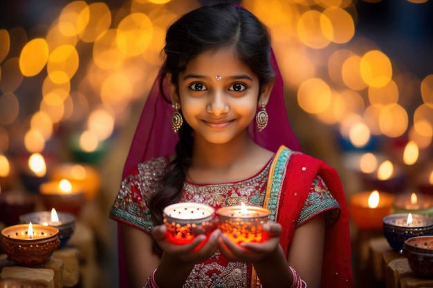 Indisches kleines Mädchen hält die Diyas-Lampe und beobachtet die erstaunlichen Diyas beim Diwali-Festival