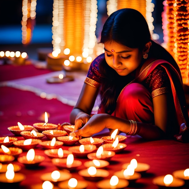 Indisches Mädchen arrangiert Diyas während des Diwali-Festivals 1
