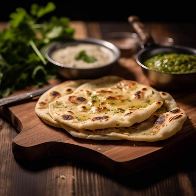 Indisches Naan-Brot mit Kräutern und Gewürzen auf einem hölzernen Hintergrund