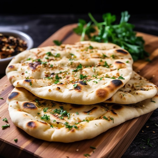 Indisches Naan-Brot mit Petersilie auf Holzteller vor schwarzem Hintergrund