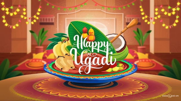 Indisches Neujahrsfest Ugadi oder Gudi Padwa Illustration mit Kalash und traditionellem Essen