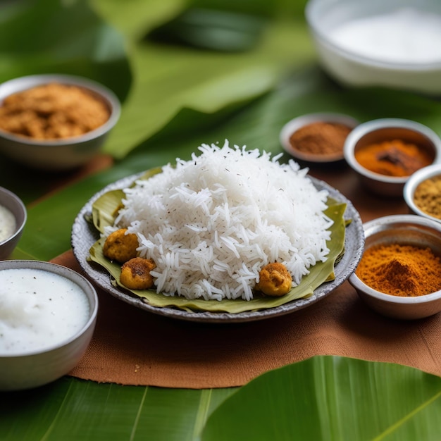 Foto indisches onam-festival onasadyu traditionelles essen, das auf einem bananenblatt für das onam-festival serviert wird