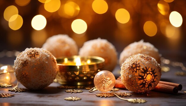 Foto indisches süßes laddu mit geschmücktem festlichem lichthintergrund