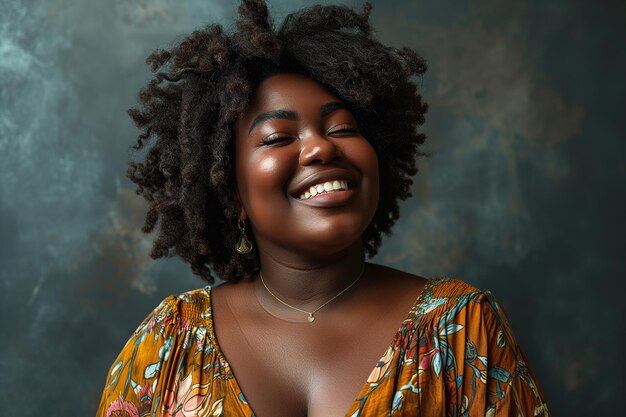 Foto individualidad feminidad feliz más tamaño mujer afroamericana en vestido sobre fondo gris