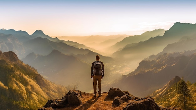 Individuo ascendiendo una montaña con una vista del valle en expansión debajo