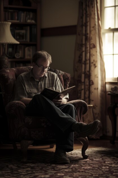 Foto individuo ateo en un momento contemplativo leyendo un libro de filosofía en un ambiente doméstico sereno ar 23 v 6 id de trabajo 90d427daadb64bf8abfc6014fba6f70c