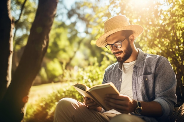 Un individuo con barba disfruta de un día soleado al aire libre leyendo un libro en un vibrante campo de hierba inmerso en el mundo de la literatura.