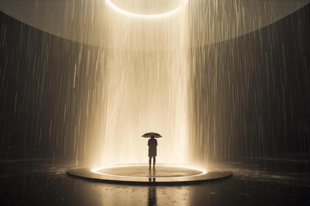 Foto un individuo busca refugio de la fuerte lluvia sosteniendo un paraguas el fondo borroso crea una atmósfera introspectiva aislada