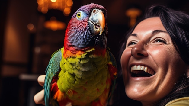 Un individuo comparte un momento colorido con su loro hablador capturando la personalidad vibrante de estas aves inteligentes.
