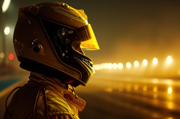 Foto un individuo concentrado en un casco de carreras bajo el resplandor hipnotizante de las luces nocturnas