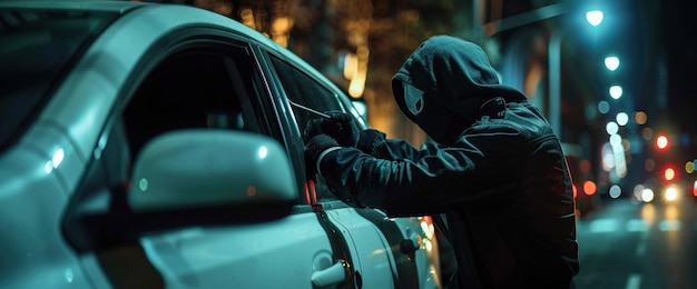 Un individuo enmascarado con una capucha intentando abrir la puerta de un coche blanco