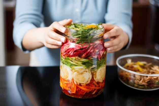 Foto indivíduo examinando um frasco de kimchi colorido