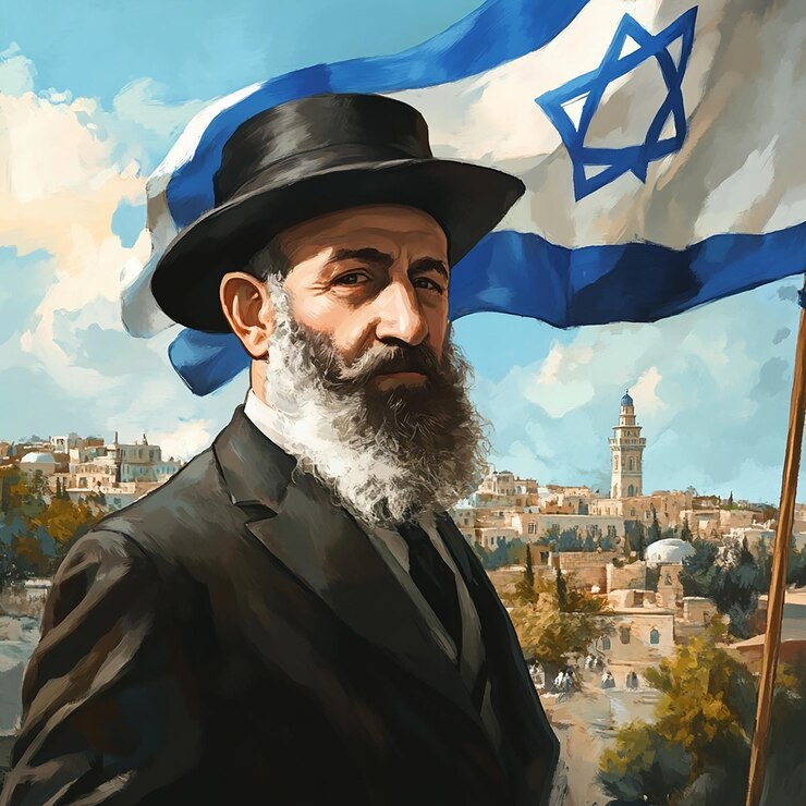 Foto individuo judío con una bandera israelí en el fondo