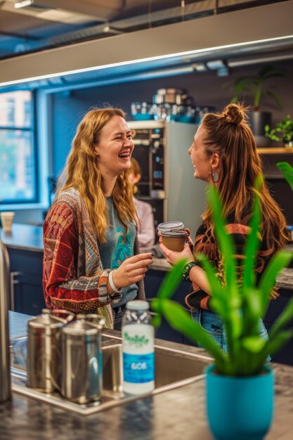 Foto indivíduo lgbtq fazendo uma pausa de café casual com colegas de trabalho