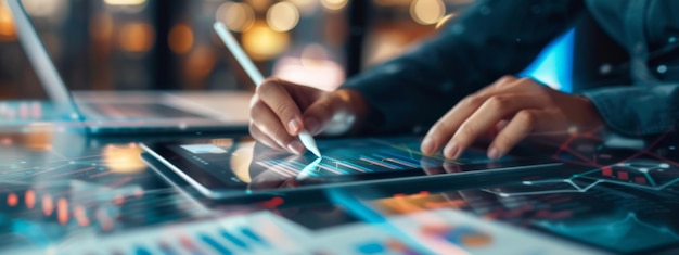 Un individuo con las manos usando un lápiz en una tableta con gráficos de análisis financiero en la pantalla colocados en un escritorio con gráficos De datos impresos en un entorno de oficina bien iluminado