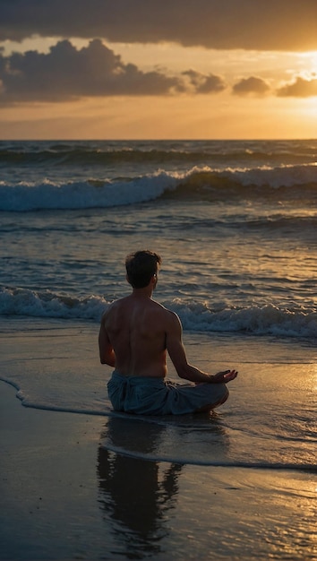 Individuo meditando en la playa al atardecer con sonidos suaves de las olas