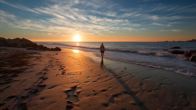 Individuo paseando hacia la puesta de sol en una playa capturando la soledad