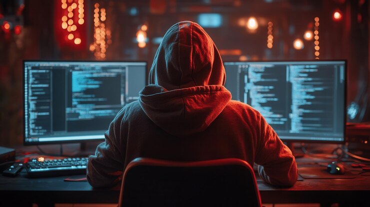Foto individuo con una sudadera con capucha trabaja en múltiples monitores en un entorno débilmente iluminado por la noche
