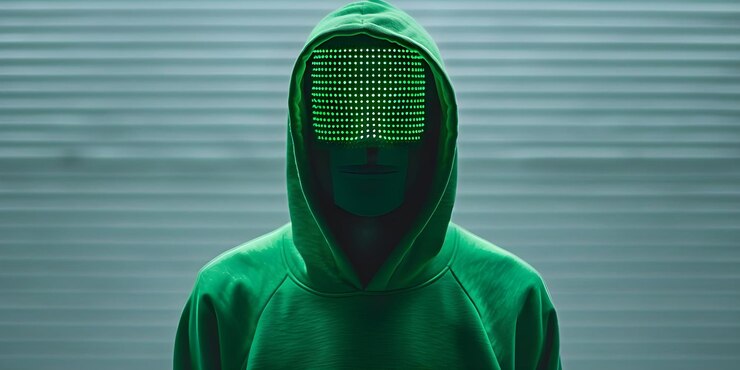 Foto individuo con una sudadera verde y una máscara led que muestra el código verde digital concepto fotografía de moda luces de neón vestido futurista estilo cyberpunk