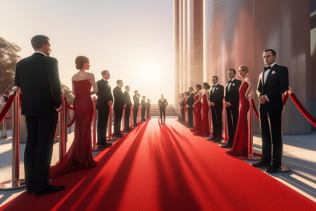 Individuos elegantemente vestidos adornaron la alfombra roja en grupo