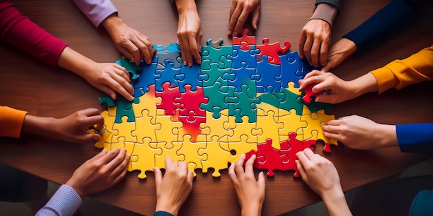 indivíduos montando um quebra-cabeça gigante que representa o trabalho em equipe e a colaboração nos negócios