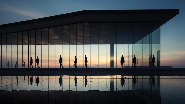 Foto indivíduos recortados em silhueta fora da arquitetura contemporânea