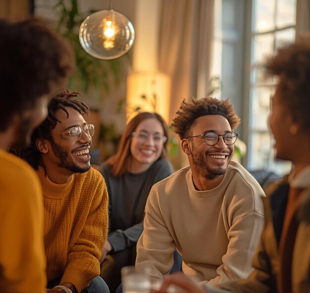 indivíduos sorridentes alegres colegas ou amigos se reunindo na sala de estar para conversar trocar notícias e contar histórias uns aos outros