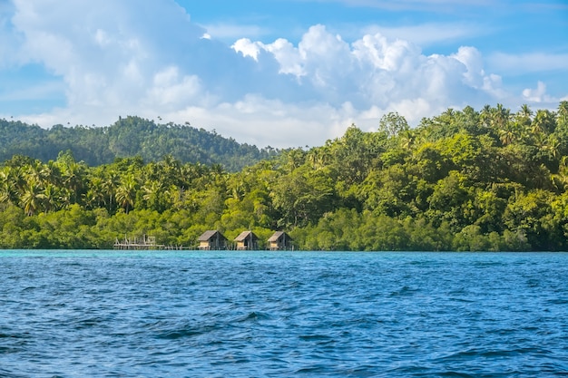 Indonesien. Küste der tropischen Insel, mit Regenwald bewachsen. Sonniges Wetter. Drei Hütten auf Stelzen im Wasser