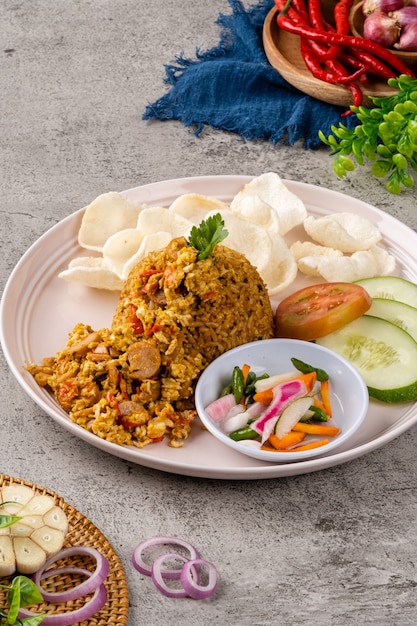 indonesisch gebratener Reis ist ein Gericht aus gekochtem Reis, der in einem Wok oder einer Pfanne gebraten wurde