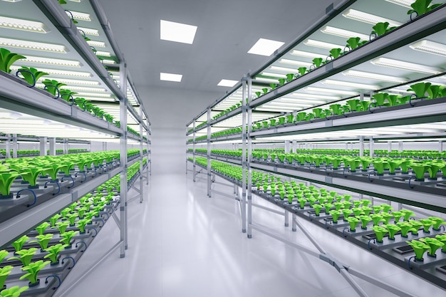 Indoor-Farmsystem züchtete Pflanzen auf Regalen, die mit LED-Licht wachsen